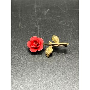 Vintage Red Rose Flower Gold Tone Stem Floral Brooch‎ Pin Mothers Day Jewelry